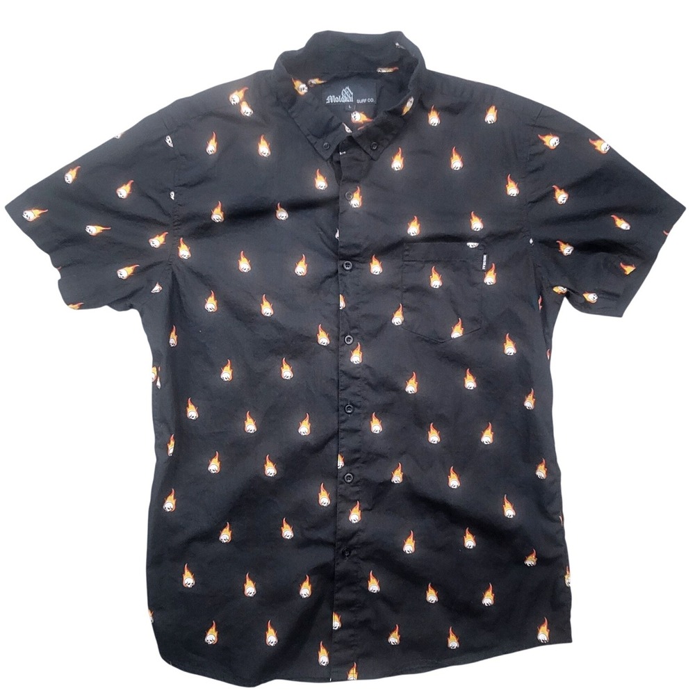 Molokai Surf Co Mens Black Flaming Skull Print Short Sleeve Button Down Shirt L